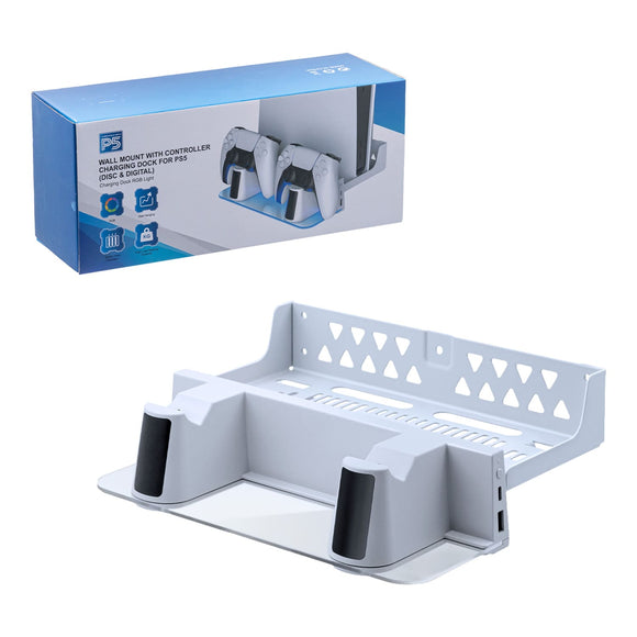 Wall-mounted Gaming Console Stand with Dual Controller Charger for PS5/PS5 Slim/PS5 Pro Controller-White(DSP-859)