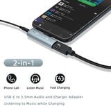 2 in 1 USB-C to 3.5mm Audio and PD Charger Adapter for Mobile Phone/Macbook/iPad Pro - Grey (A00-11)